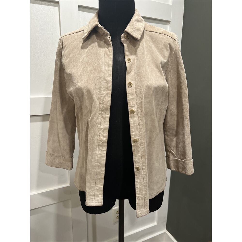 New Frontier Suede Jacket Blouse Size Medium Tan 3/4 Sleeve